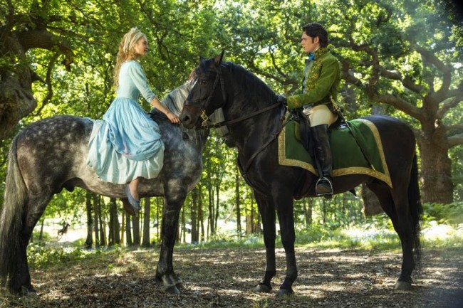 Prince Charming Richard Madden meeting Cinderella Lily James on horseback in the woods