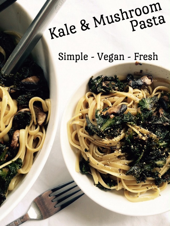 Kale and mushroom pasta recipe, vegan recipe, meatless monday