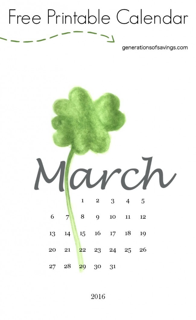 Hand Painted Clover March Calendar Printable