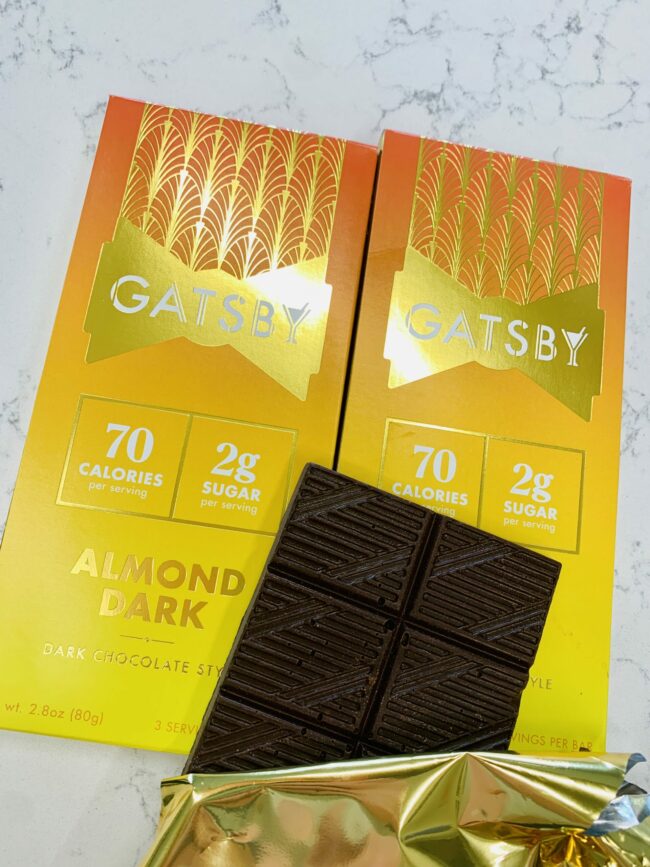 gatsby almond dark chocolate bars with one open chocolate